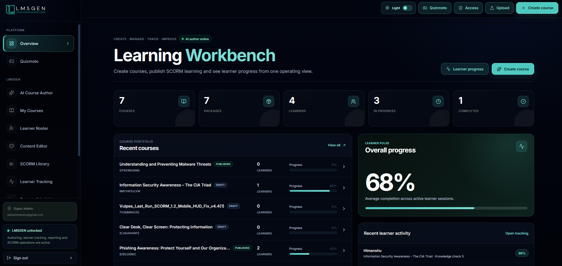 LMSGEN learning platform dashboard